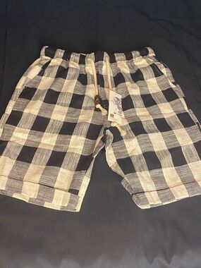 Black and Cream Buffalo Check Drawstring Shorts with Beaded Ties